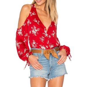 L’Academie Red Floral Top Shoulder Cut Outs Size XS